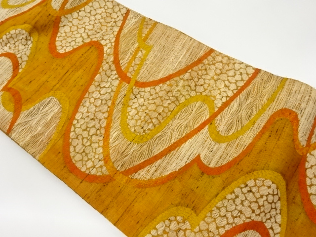 手織り紬波に抽象模様織出し名古屋帯